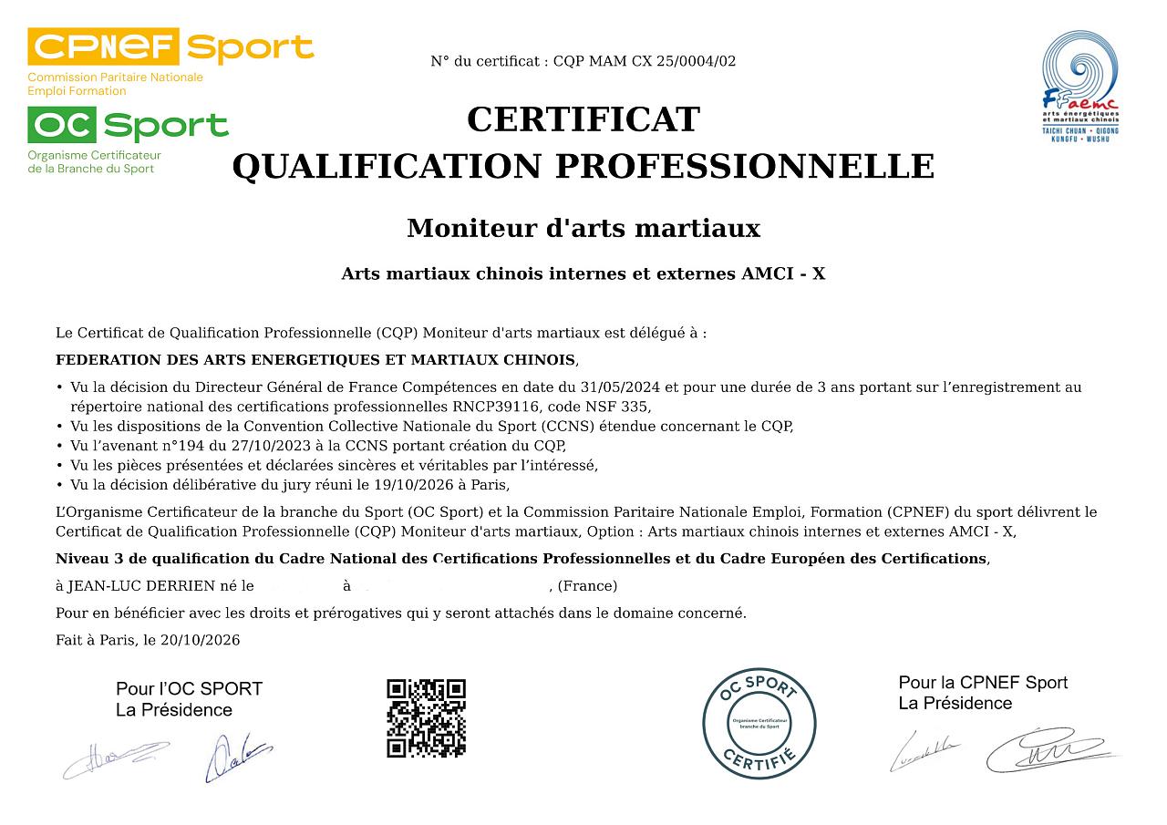 CQP Moniteur d'arts martiaux - Arts martiaux chinois internes et externes - AMCI-X
